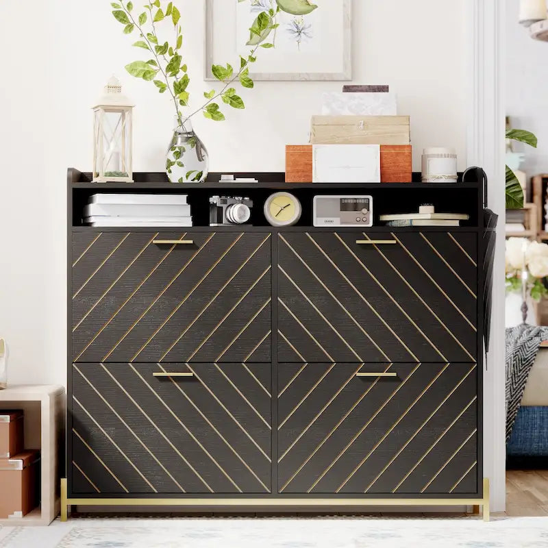 Meuble à chaussures noir 4 portes abattantes – Chevrons rustiques, Rangement d'entrée
