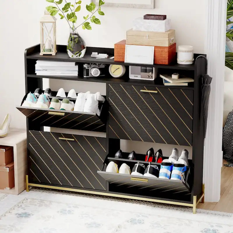 Meuble à chaussures noir 4 portes abattantes – Chevrons rustiques, Rangement d'entrée