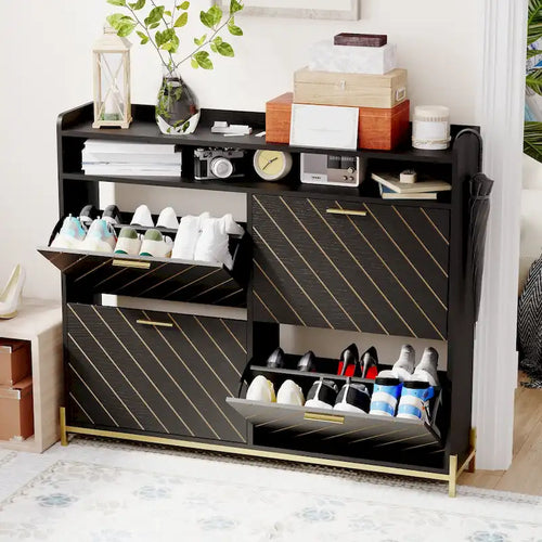 Meuble à chaussures noir 4 portes abattantes – Chevrons rustiques, Rangement d'entrée