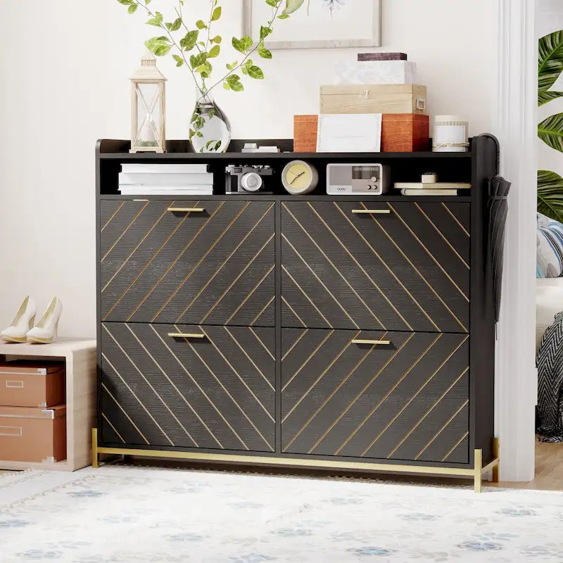 Meuble à chaussures noir 4 portes abattantes – Chevrons rustiques, Rangement d'entrée