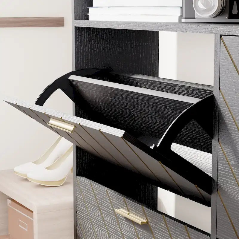 Meuble à chaussures noir 4 portes abattantes – Chevrons rustiques, Rangement d'entrée