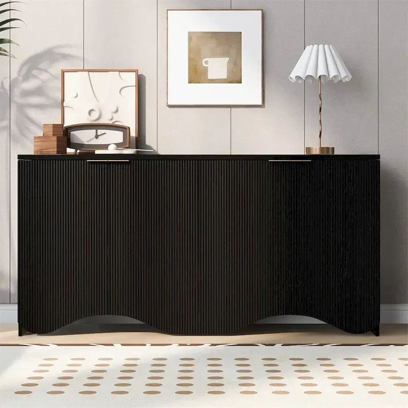 Armoire de rangement à 4 portes rayée noire/bleue marine/blanche avec pieds
