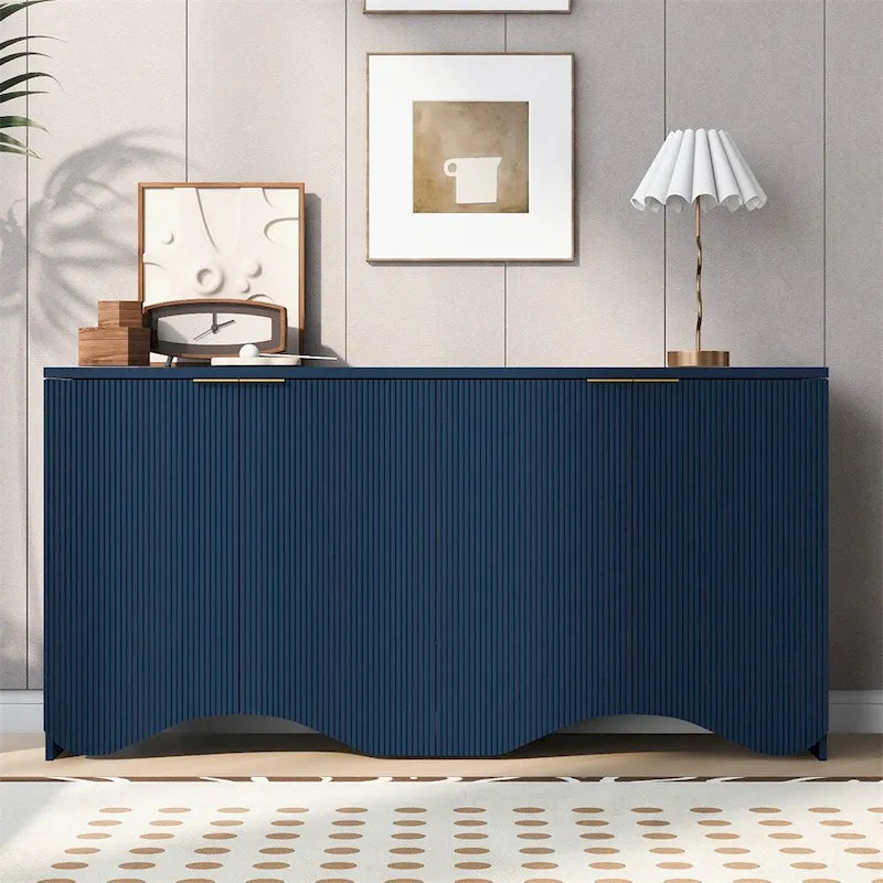 Armoire de rangement à 4 portes rayée noire/bleue marine/blanche avec pieds