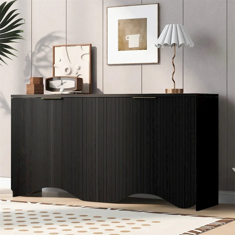 Armoire de rangement à 4 portes rayée noire/bleue marine/blanche avec pieds