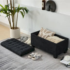 Banc de rangement ottoman noir, une place, tissu aspect lin