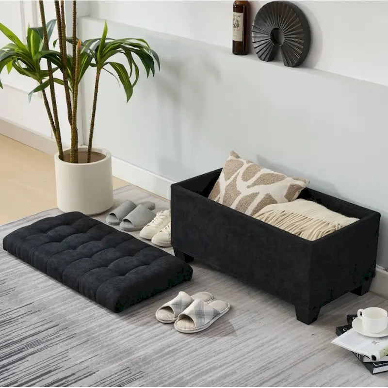 Banc de rangement ottoman noir, une place, tissu aspect lin