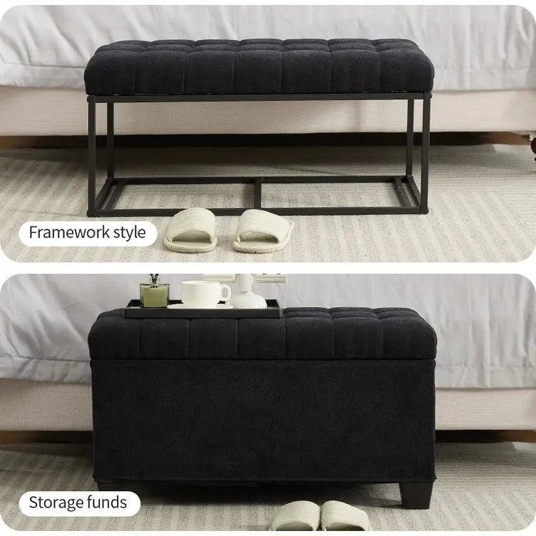 Banc de rangement ottoman noir, une place, tissu aspect lin