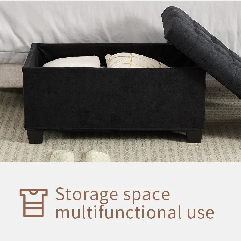 Banc de rangement ottoman noir, une place, tissu aspect lin