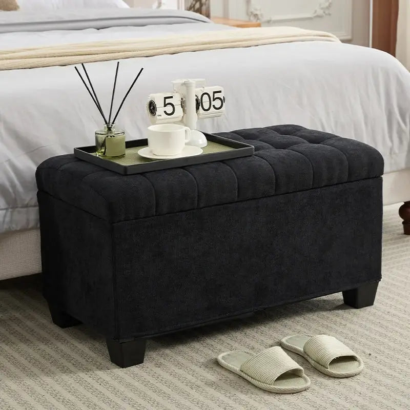 Banc de rangement ottoman noir, une place, tissu aspect lin
