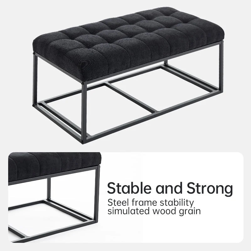 Banc de rangement ottoman noir, une place, tissu aspect lin