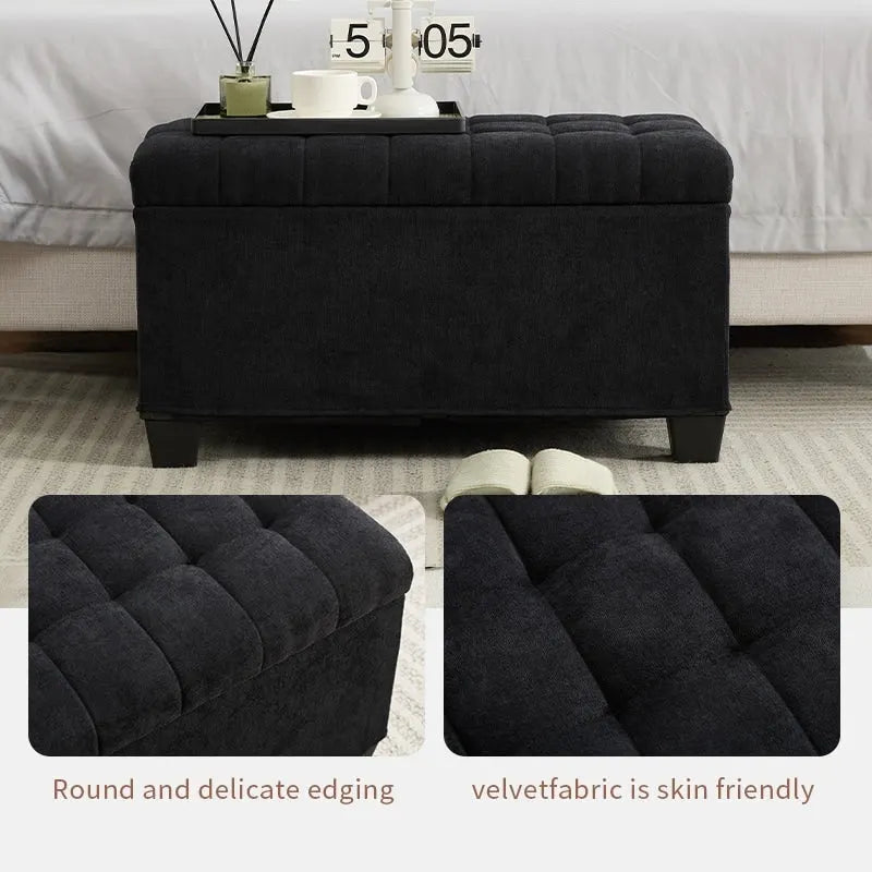Banc de rangement ottoman noir, une place, tissu aspect lin