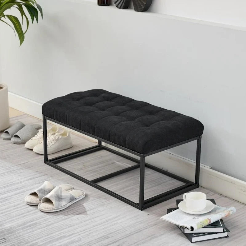 Banc de rangement ottoman noir, une place, tissu aspect lin