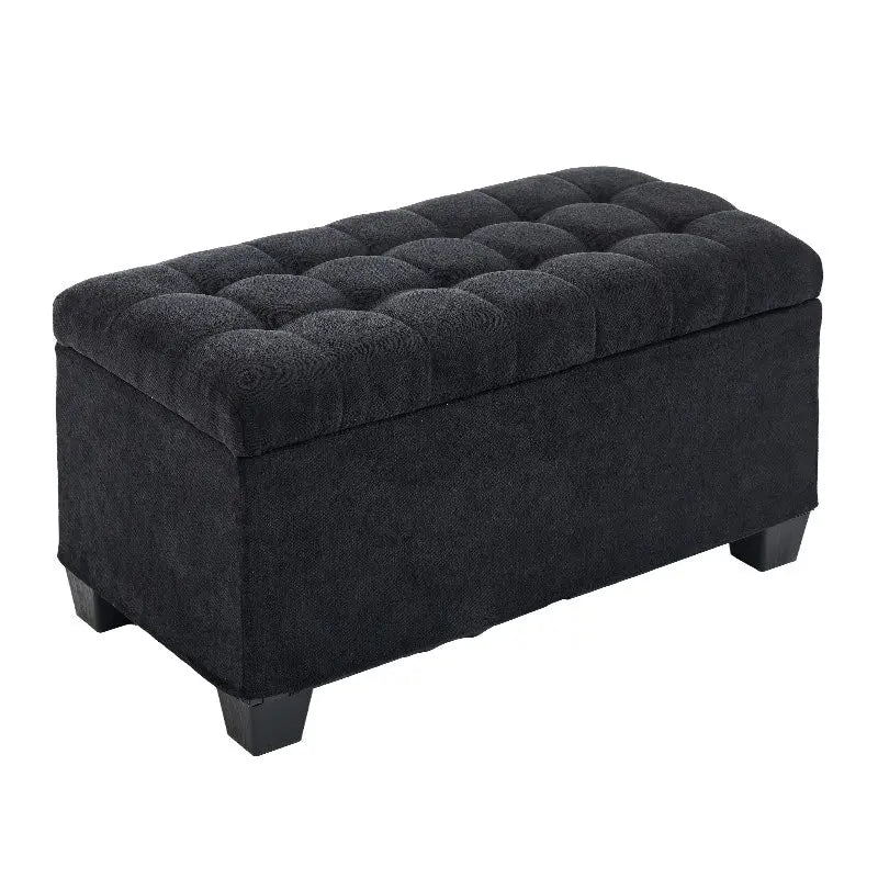 Banc de rangement ottoman noir, une place, tissu aspect lin