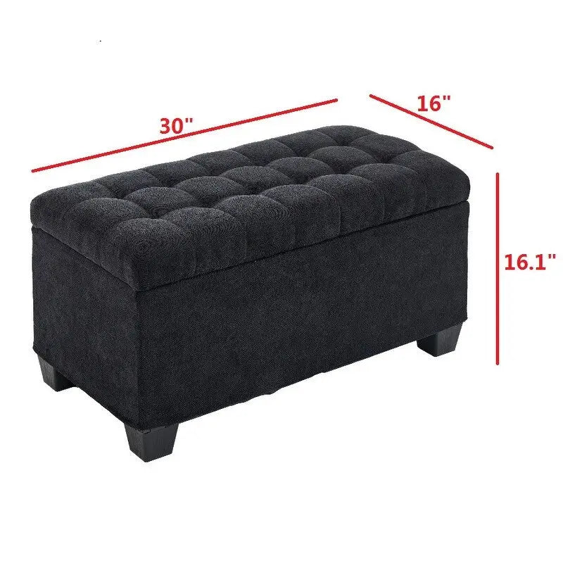 Banc de rangement ottoman noir, une place, tissu aspect lin