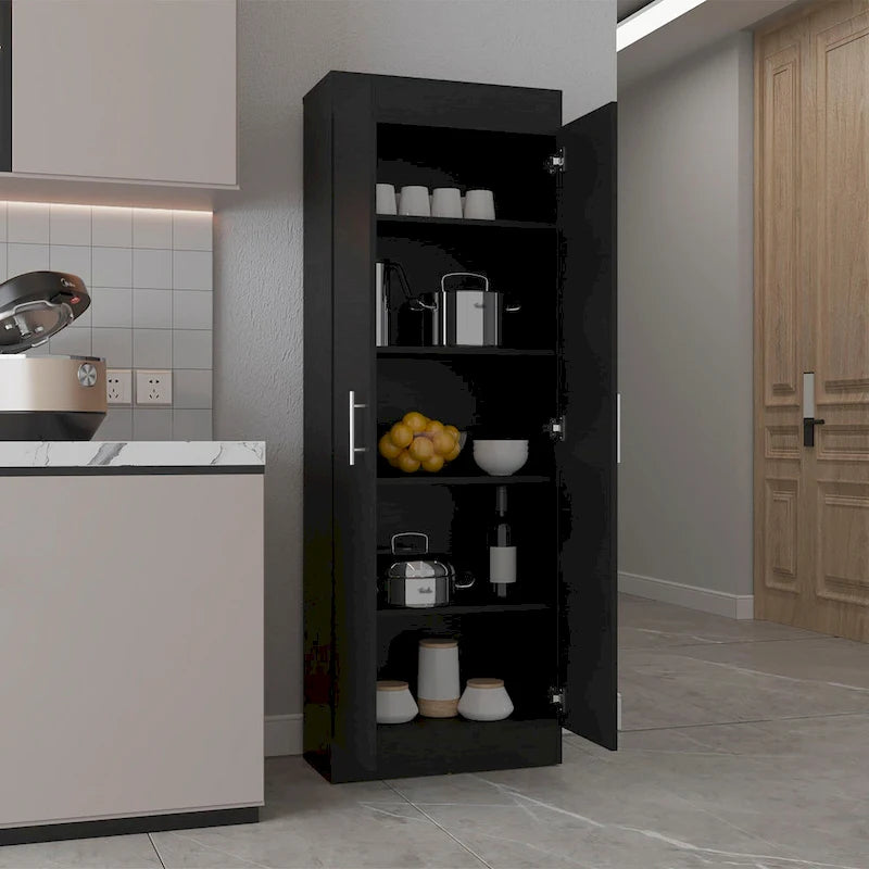 Meuble de rangement de cuisine à 5 étagères et 2 portes, noir/blanc