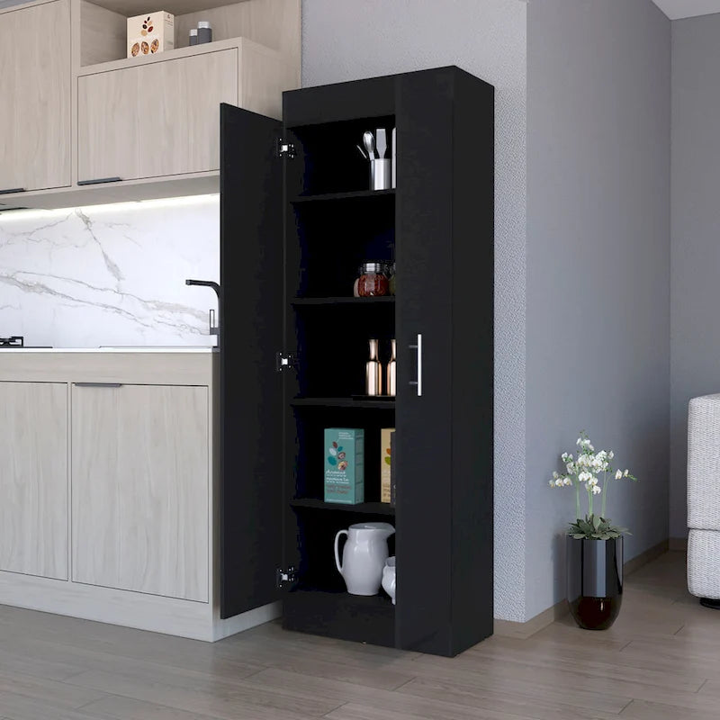 Meuble de rangement de cuisine à 5 étagères et 2 portes, noir/blanc