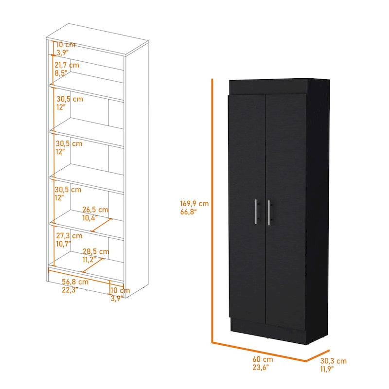 Meuble de rangement de cuisine à 5 étagères et 2 portes, noir/blanc