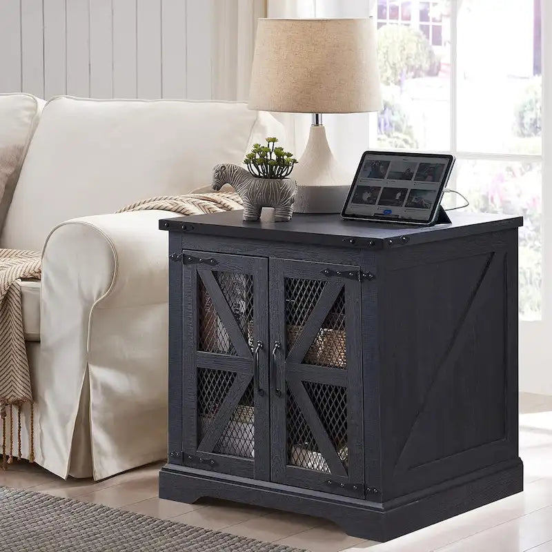 Table d'appoint de ferme avec porte de grange et station de charge, blanche / noire / marron