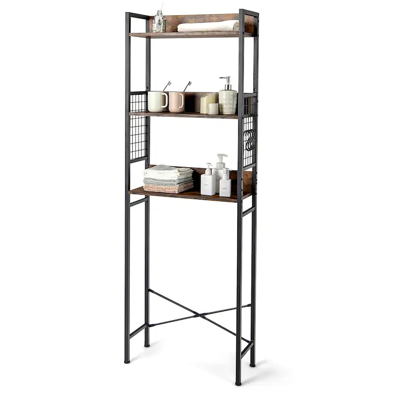 Étagère de rangement 3 niveaux en bois et acier, marron rustique, à placer au-dessus des toilettes, 1 unité