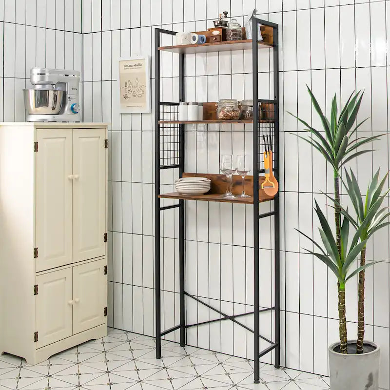 Étagère de rangement 3 niveaux en bois et acier, marron rustique, à placer au-dessus des toilettes, 1 unité