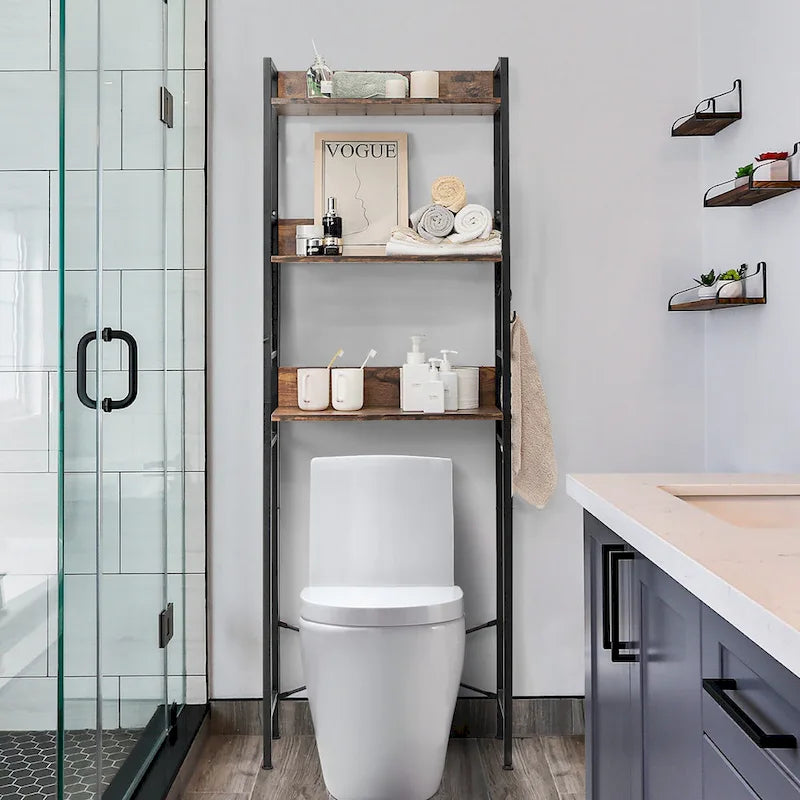 Étagère de rangement 3 niveaux en bois et acier, marron rustique, à placer au-dessus des toilettes, 1 unité