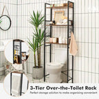 Étagère de rangement 3 niveaux en bois et acier, marron rustique, à placer au-dessus des toilettes, 1 unité