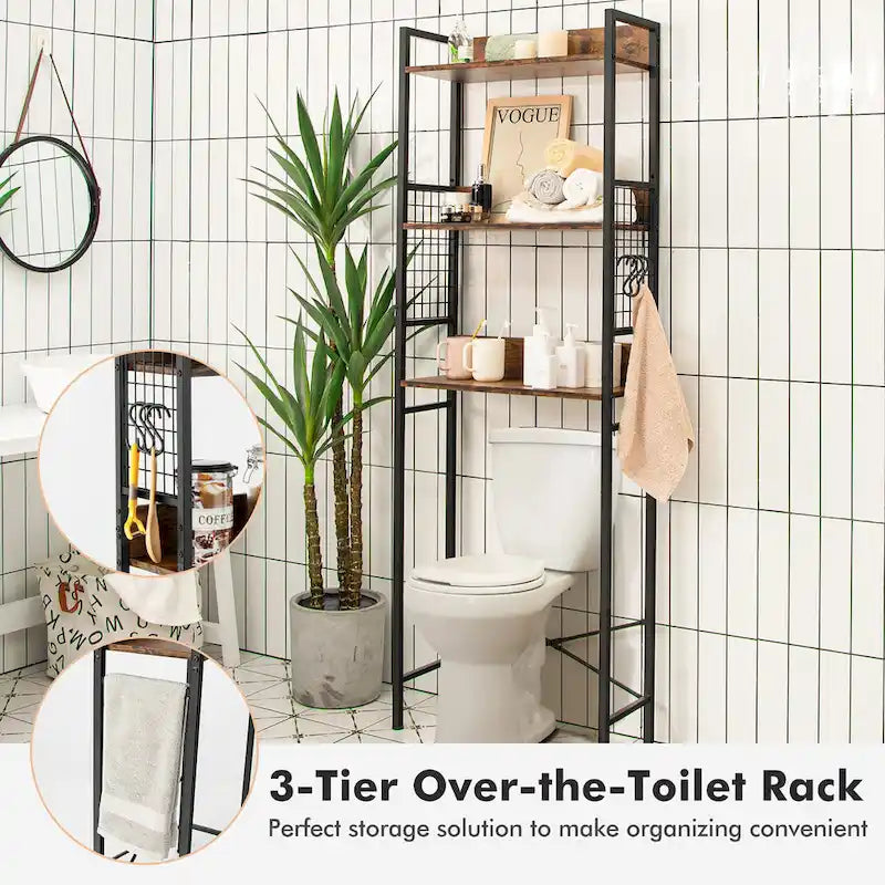 Étagère de rangement 3 niveaux en bois et acier, marron rustique, à placer au-dessus des toilettes, 1 unité
