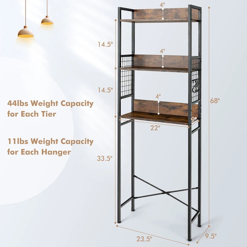 Étagère de rangement 3 niveaux en bois et acier, marron rustique, à placer au-dessus des toilettes, 1 unité