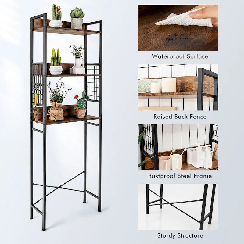 Étagère de rangement 3 niveaux en bois et acier, marron rustique, à placer au-dessus des toilettes, 1 unité