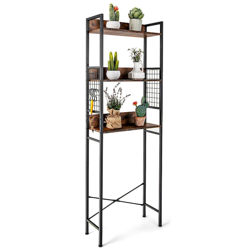 Étagère de rangement 3 niveaux en bois et acier, marron rustique, à placer au-dessus des toilettes, 1 unité
