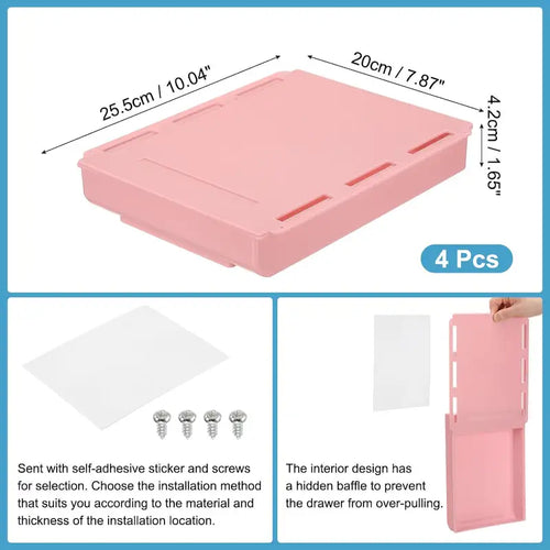 4 tiroirs de rangement autocollants sous le bureau, rose / jaune / gris / blanc