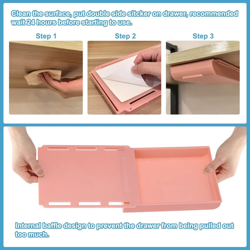 4 tiroirs de rangement autocollants sous le bureau, rose / jaune / gris / blanc