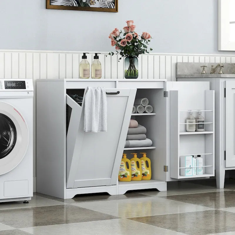 Meuble de buanderie autoportant en bois blanc avec panier à linge basculant et étagères réglables