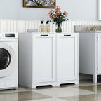 Meuble de buanderie autoportant en bois blanc avec panier à linge basculant et étagères réglables