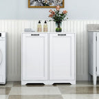 Meuble de buanderie autoportant en bois blanc avec panier à linge basculant et étagères réglables