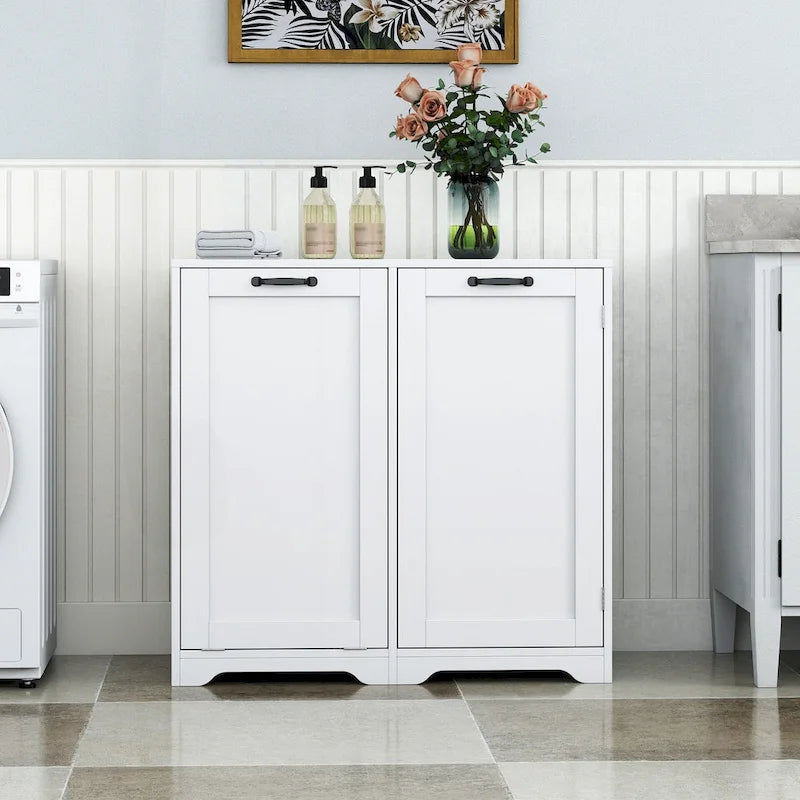 Meuble de buanderie autoportant en bois blanc avec panier à linge basculant et étagères réglables