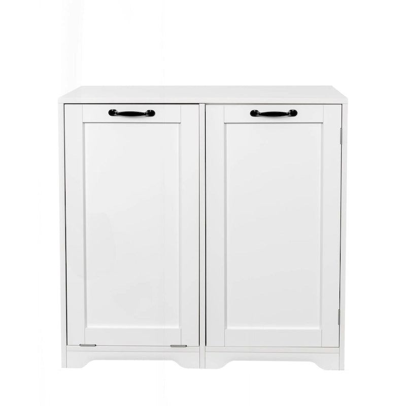 Meuble de buanderie autoportant en bois blanc avec panier à linge basculant et étagères réglables