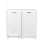Meuble de buanderie autoportant en bois blanc avec panier à linge basculant et étagères réglables