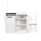 Meuble de buanderie autoportant en bois blanc avec panier à linge basculant et étagères réglables