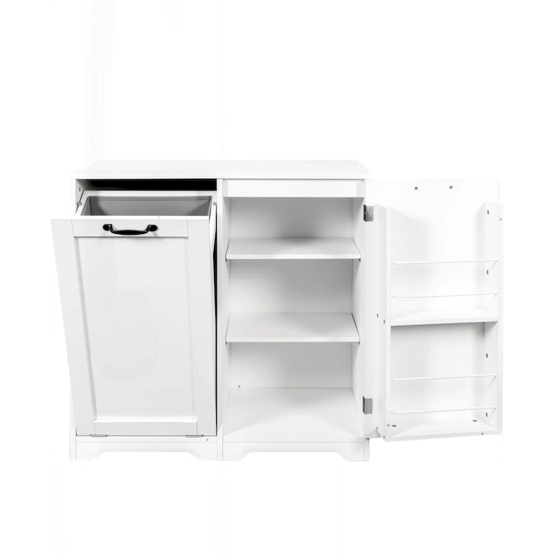 Meuble de buanderie autoportant en bois blanc avec panier à linge basculant et étagères réglables