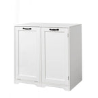 Meuble de buanderie autoportant en bois blanc avec panier à linge basculant et étagères réglables