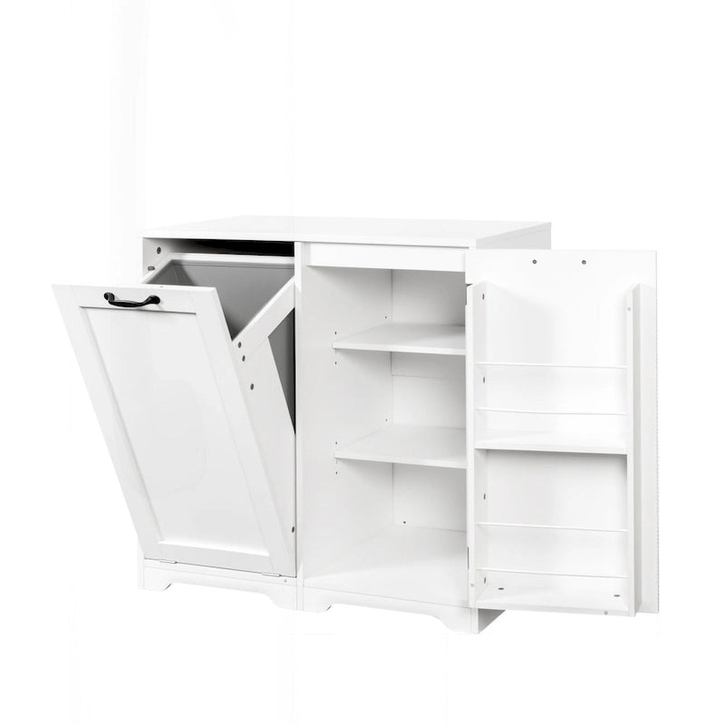 Meuble de buanderie autoportant en bois blanc avec panier à linge basculant et étagères réglables