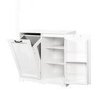 Meuble de buanderie autoportant en bois blanc avec panier à linge basculant et étagères réglables