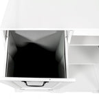 Meuble de buanderie autoportant en bois blanc avec panier à linge basculant et étagères réglables