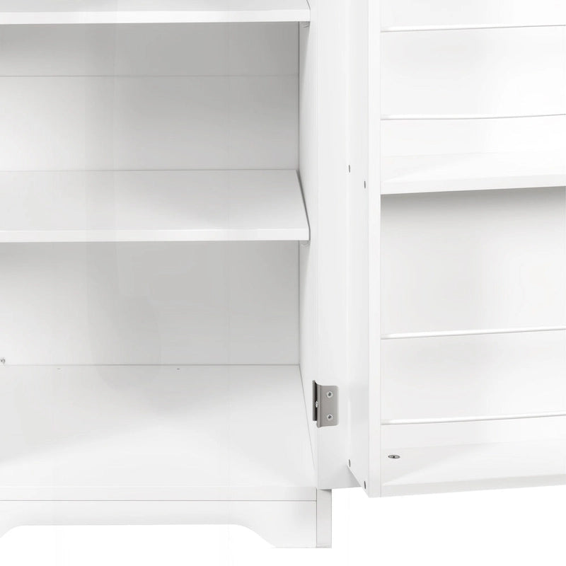 Meuble de buanderie autoportant en bois blanc avec panier à linge basculant et étagères réglables