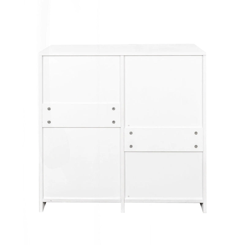 Meuble de buanderie autoportant en bois blanc avec panier à linge basculant et étagères réglables