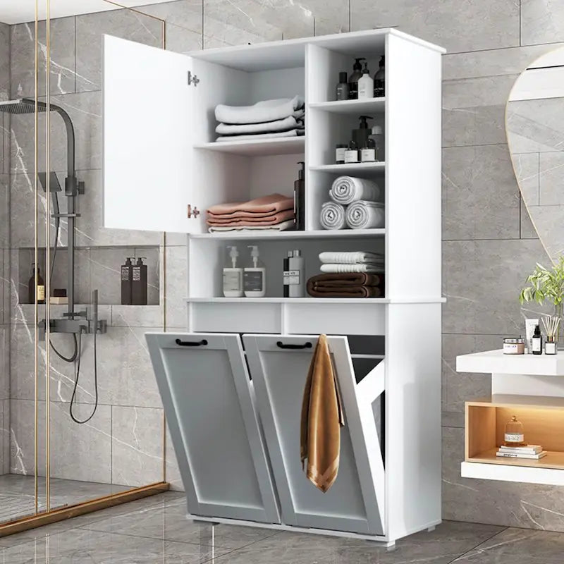 Meuble de rangement blanc autoportant haut avec panier à linge basculant