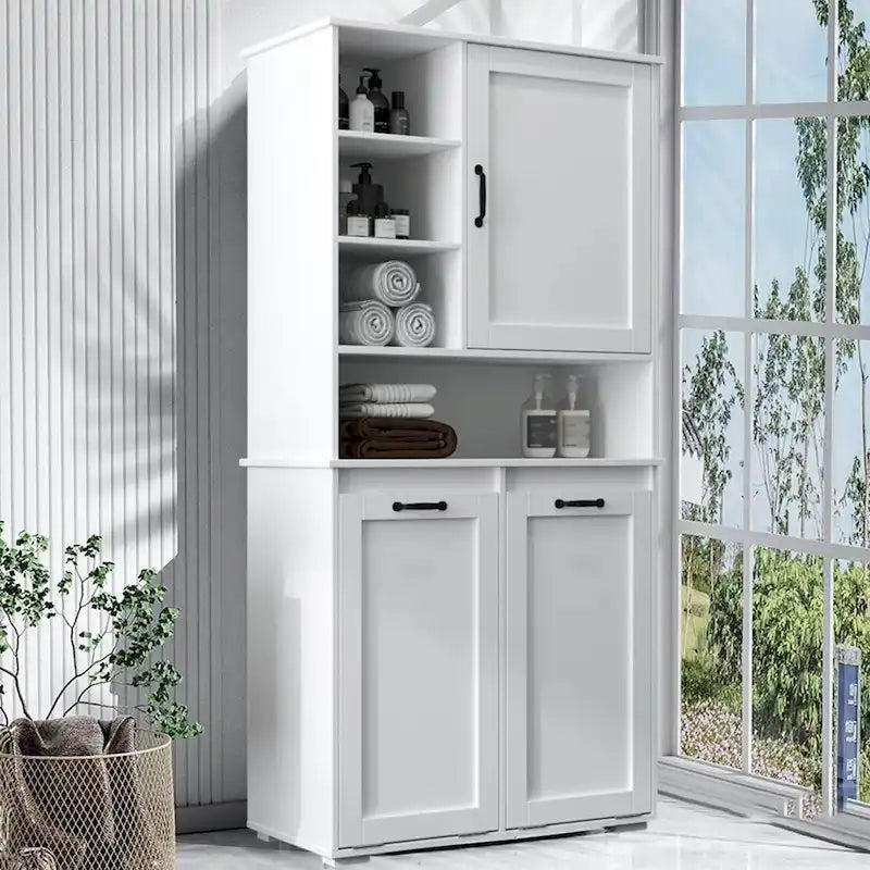 Meuble de rangement blanc autoportant haut avec panier à linge basculant