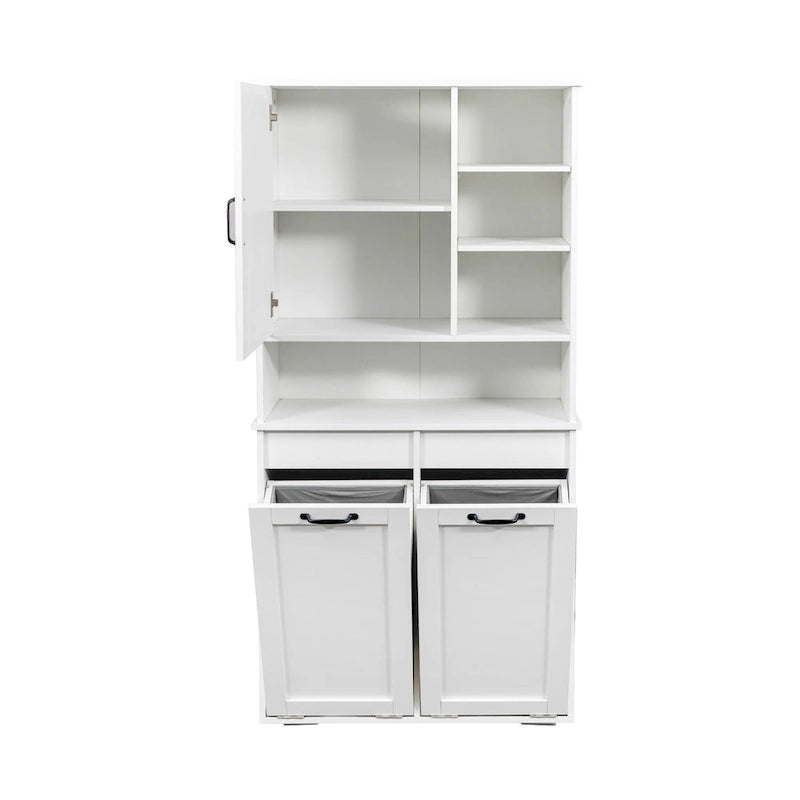 Meuble de rangement blanc autoportant haut avec panier à linge basculant
