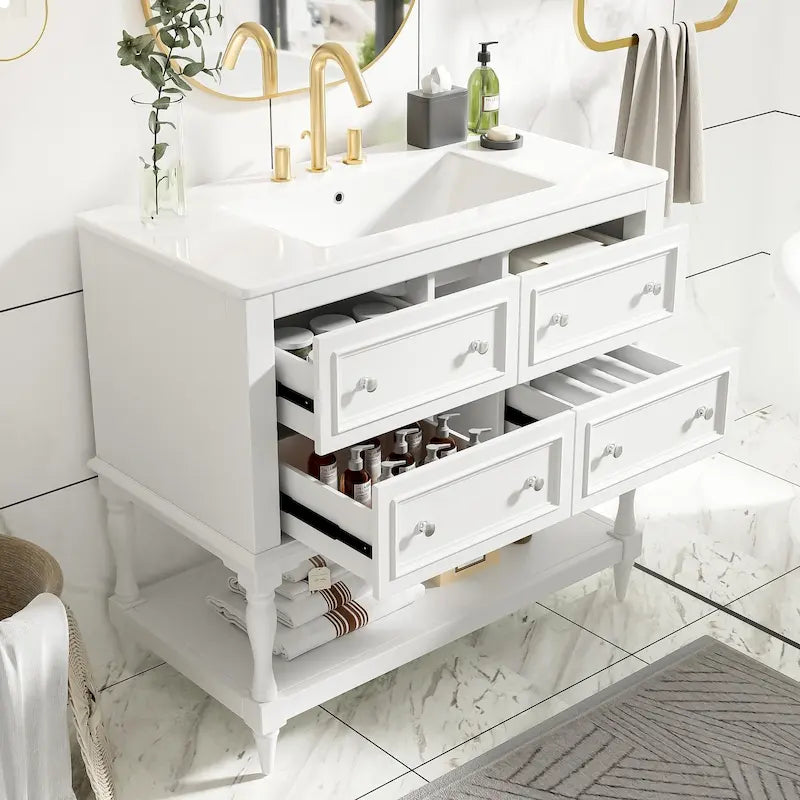 Meuble-lavabo autoportant de 36 po avec lavabo, 4 tiroirs, blanc/beige/noir